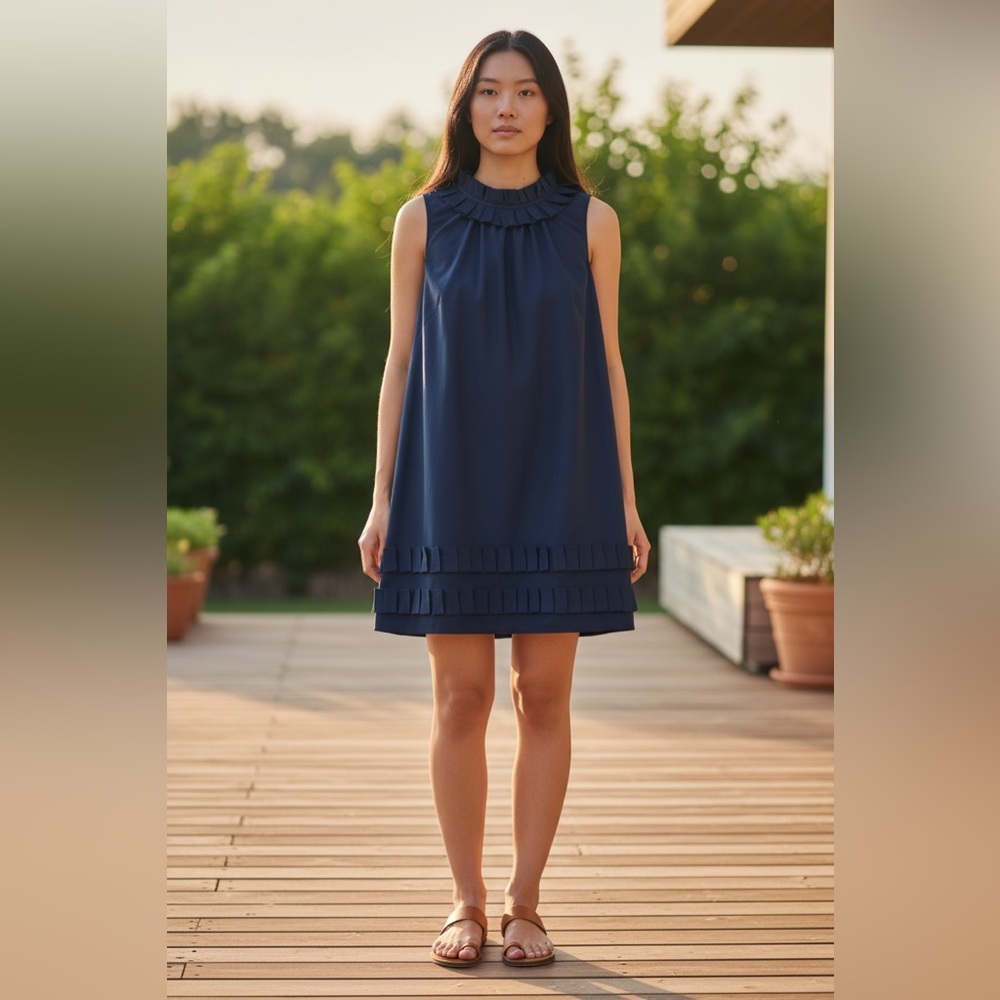 Ann Taylor LOFT Navy Blue Cotton Silk Ruffle Shift Dress Sleeveless Size 0